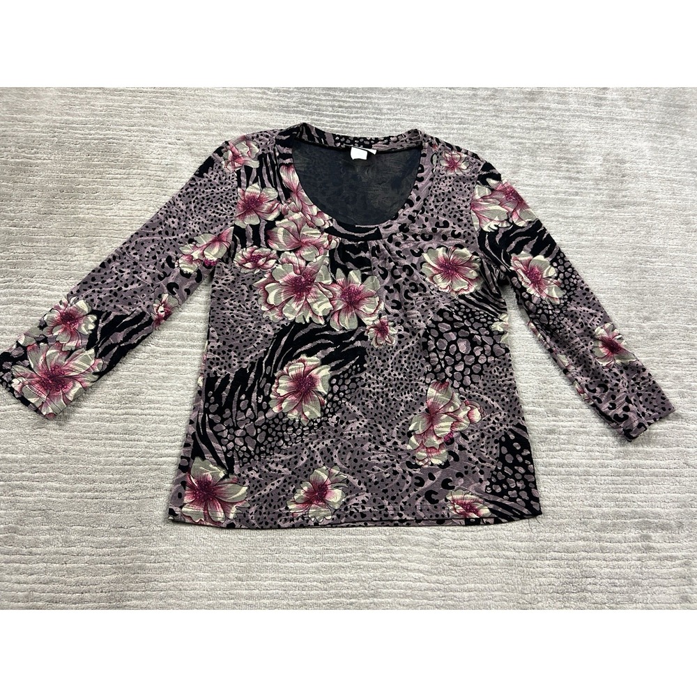Carducci Top Womens Large Black Floral 3/4 Sleeve Stretch Made in‎ USA